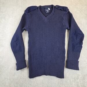 VTG Citadel England Commando Sweater 44" Blue V Neck Wool Elbow Patch Epaulets